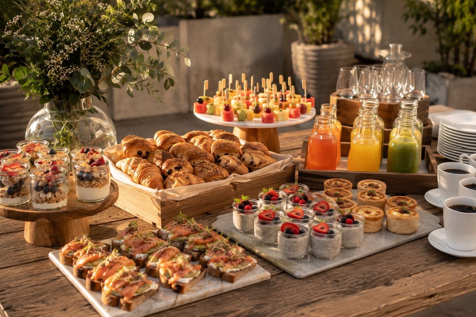 Equipo preparando un buffet contemporáneo en una terraza