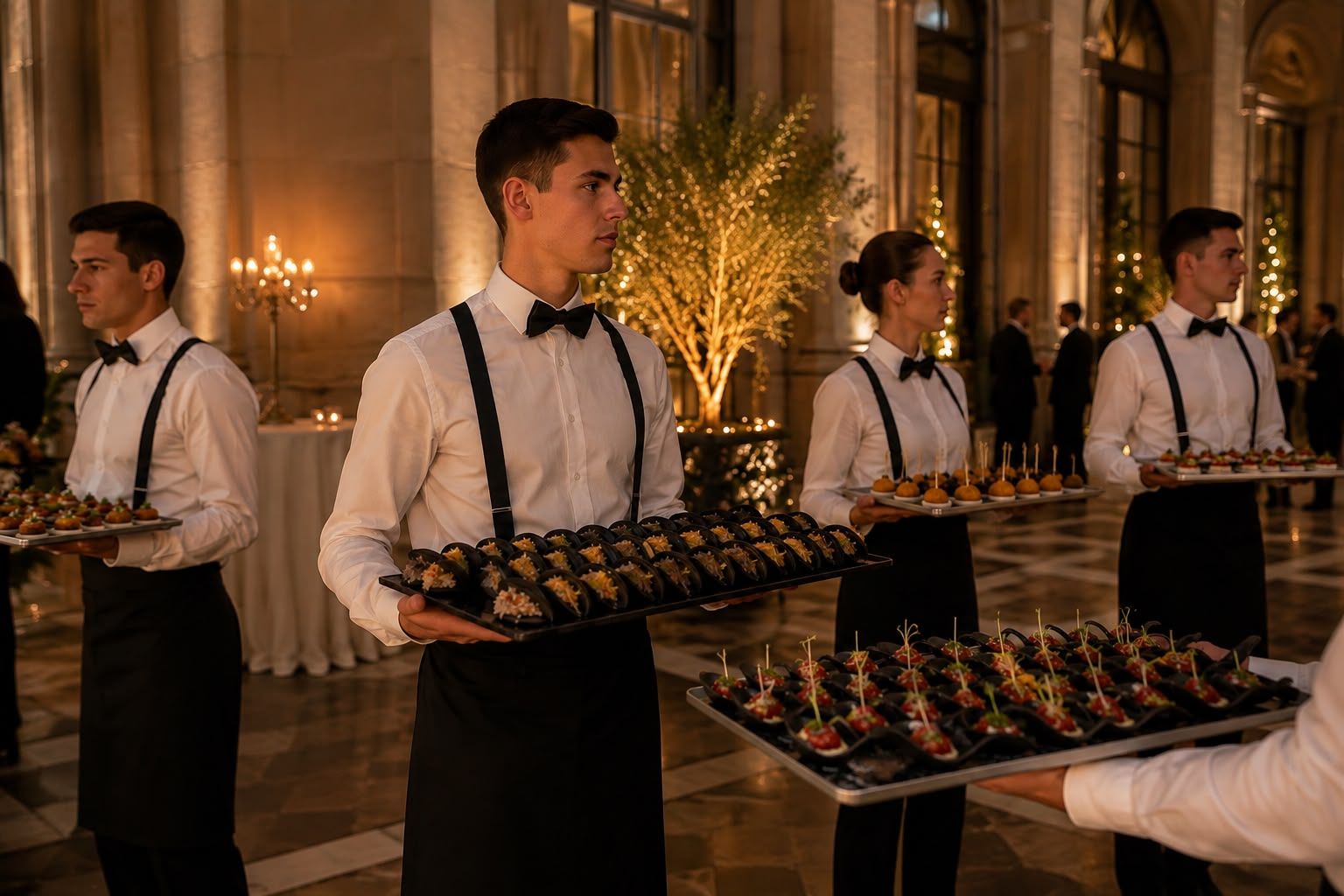 Camarero de Quinto Sabor presentando una bandeja de canapés