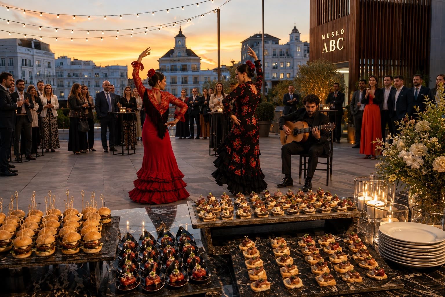 Celebración al atardecer con catering y actuación en directo